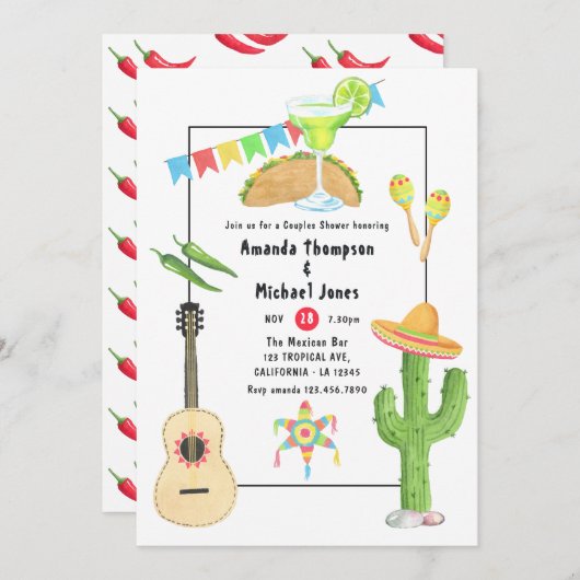 Mexikanische Fiesta Taco und Tequila Paare Dusche Einladung (Vorne/Hinten)