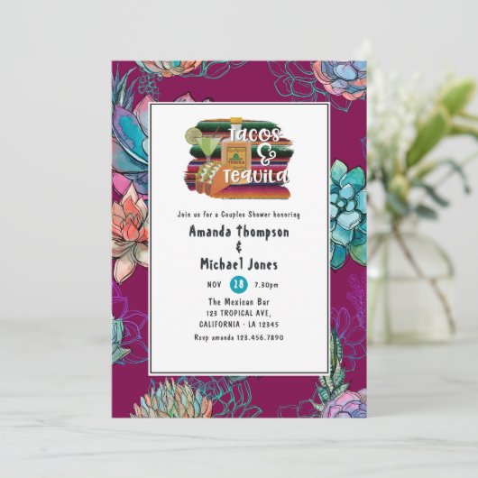 Mexikanische Fiesta Tacos und Tequila Paare Dusche Einladung (Stehend Vorderseite)