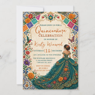 Mexikanische Fiesta Türkis Floral Gold Quinceanera Einladung