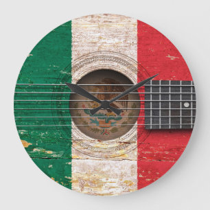 Mexikanische Flagge auf alter Akustikgitarre Große Wanduhr