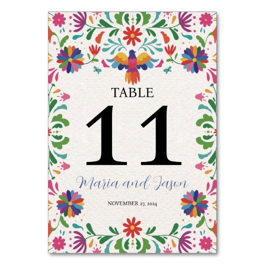 Mexikanische Folklorekunst farbenfrohe Blumenfeier Tischnummer (Vorderseite)