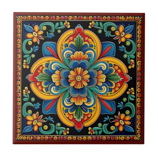 Mexikanische Huichol-Stil Blume Keramik Fliesen 10 (Vorderseite)