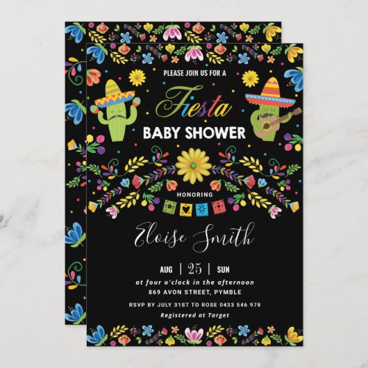 Mexikanische, lebendige Flora-Kaktus Fiesta Babydu Einladung (Vorne/Hinten)