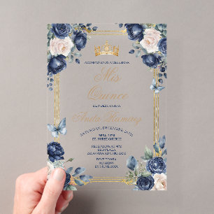 Mexikanische Marine Blau Blumen & Gold Krone Mis Q Acryleinladungen