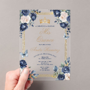 Mexikanische Marine Blue Floral & Gold Crown Mis Q Acryleinladungen