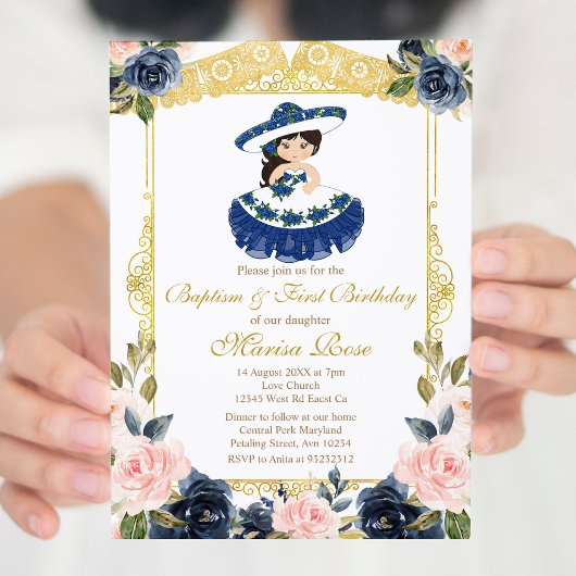 Mexikanische Marine Blue Girl Taufe Christening Einladung