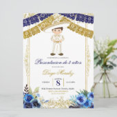 Mexikanische Marine Blue und Gold Charro Los 3 añ Einladung (Stehend Vorderseite)
