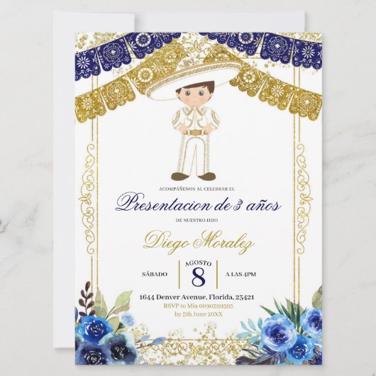 Mexikanische Marine Blue und Gold Charro Los 3 añ Einladung (Vorderseite)