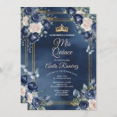 Mexikanische Marine Blue & White Roses Girl Quince Einladung (Vorne/Hinten)