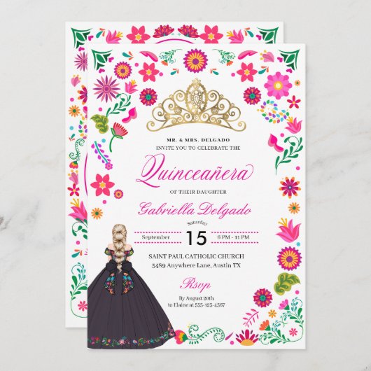 mexikanische Otomi Stickerei Quinceañera Einladung (Vorne/Hinten)