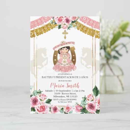 Mexikanische Rosa-Charra-Taufe & Dritter Geburtsta Einladung (Stehend Vorderseite)