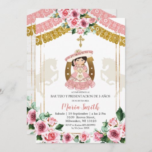 Mexikanische Rosa-Charra-Taufe & Dritter Geburtsta Einladung (Vorne/Hinten)
