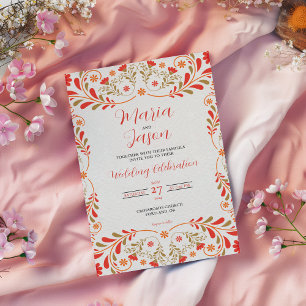 Mexikanische rote orange-goldene Blumen Hochzeit e Einladung