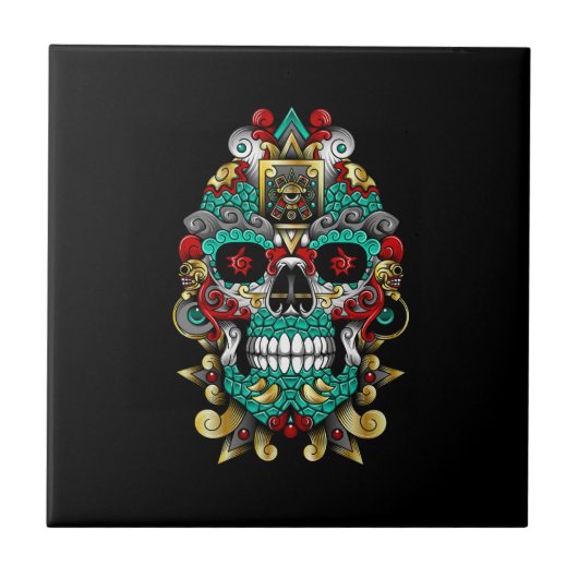 mexikanische Schädelkunst in Huichol-Stimmung Fliese (Vorderseite)