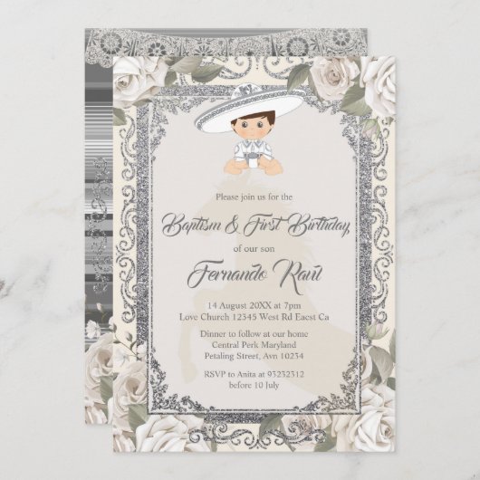 Mexikanische Silber Fiesta Boy Taufe und Geburtsta Einladung (Vorne/Hinten)