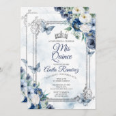 Mexikanische Silver Crown & Navy Blue Rose MIS QUI Einladung (Vorne/Hinten)