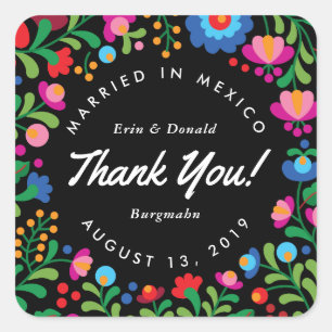 mexikanische Stickerei auf schwarz Quadratischer Aufkleber