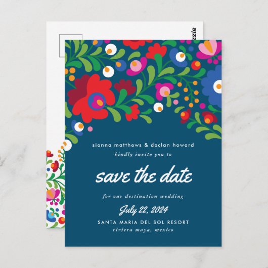 Mexikanische Stickerei Blau Save the Date Postkart Postkarte (Vorne/Hinten)