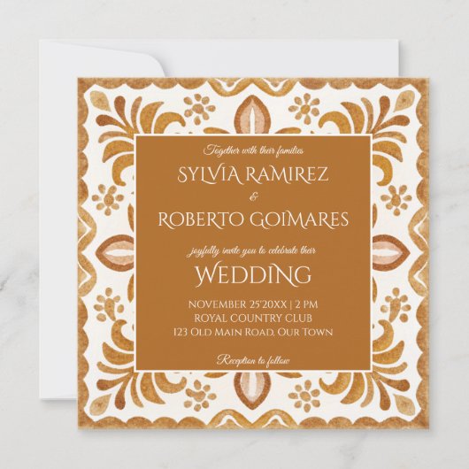 mexikanische Talavera Braun-Hochzeit mit UAWG Einladung (Vorderseite)