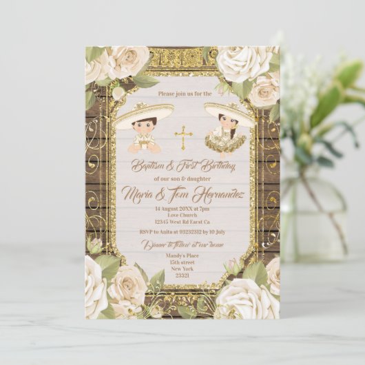 Mexikanische Taufe White Floral Twin Boy und Mädch Einladung (Stehend Vorderseite)