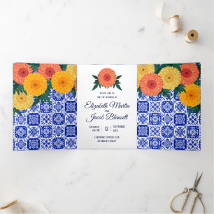 Mexikanische Tile Marigolds Wedding Dreiland Einla Dreifach Gefaltete Einladung