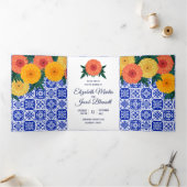 Mexikanische Tile Marigolds Wedding Dreiland Einla Dreifach Gefaltete Einladung (Innenseite)