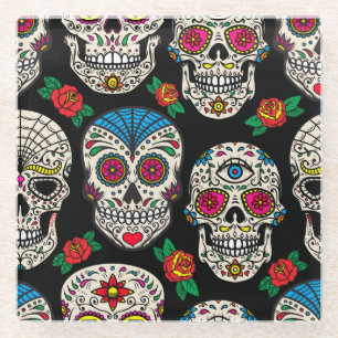 Mexikanische Totenköpfe & Rosen: Vintage-Design Glasuntersetzer