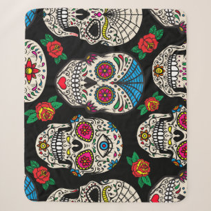 Mexikanische Totenköpfe & Rosen: Vintage-Design Sherpadecke