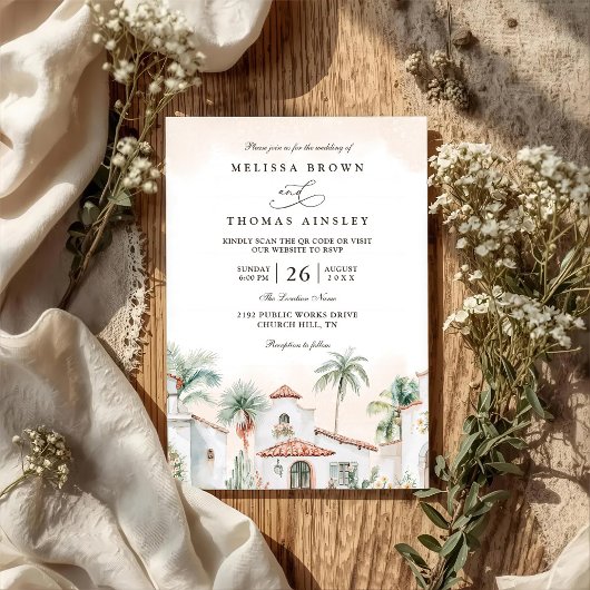 Mexikanische Tropenpalmen-Hochzeit mit QR-Code Einladung