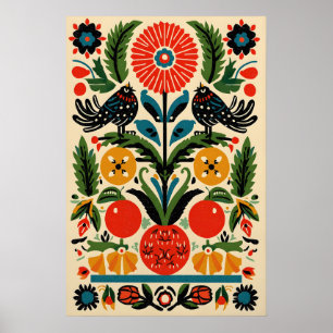 Mexikanische Volkskunst – Bunter Vogel und Blumens Poster