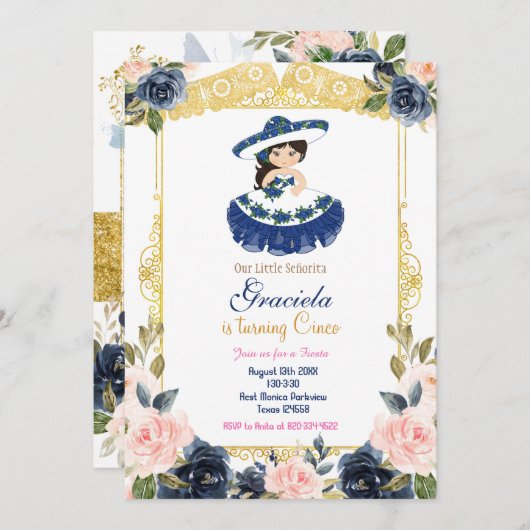 Mexikanischer Blaue Marine Girl Fiesta zum Geburts Einladung (Vorne/Hinten)