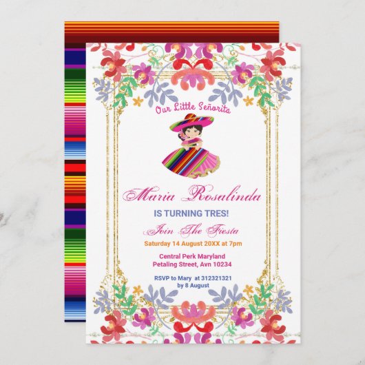 Mexikanischer Blumenmagier Fiesta Tres Geburtstag Einladung (Vorne/Hinten)
