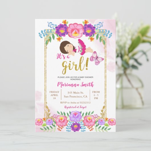 Mexikanischer Blütenschmetterling Fiesta Babydusch Einladung (Stehend Vorderseite)