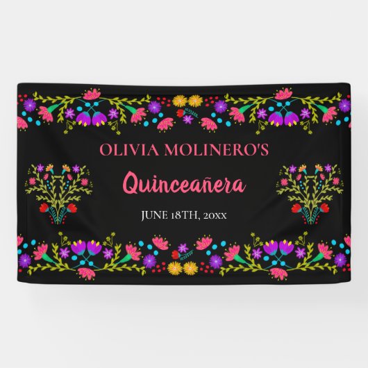 Mexikanischer Fiesta Floral Black Quinceanera Gebu Banner (Horizontal)