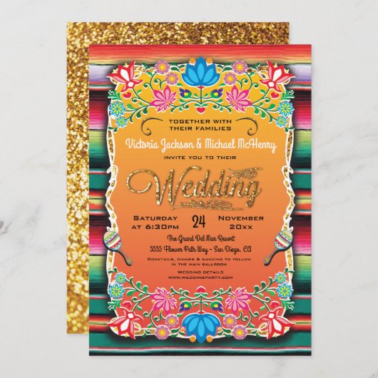 Mexikanischer Fiesta Gold Glitzer Einladung zur Ho (Vorne/Hinten)