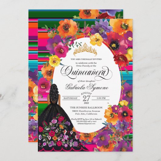 Mexikanischer Folk-Art Huipil Floral Quinceanera F Einladung (Vorne/Hinten)