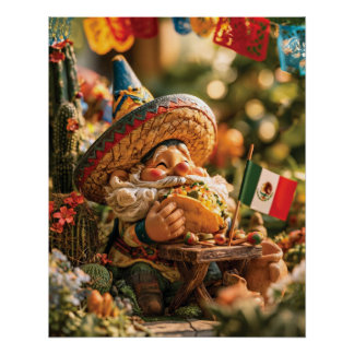 Mexikanischer Gnom mit Sombrero beim Taco-Essen Poster