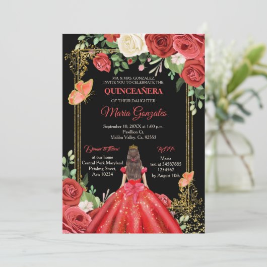 Mexikanischer Korallenroter Prinzessin Quinceanera Einladung (Stehend Vorderseite)