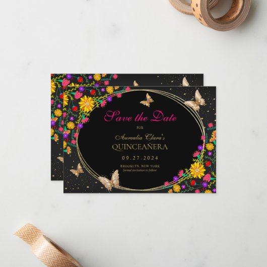 Mexikanischer Schwarzer Schmetterling Quinceanera Mitteilungskarte (Vorderseite/Rückseite Beispiel)