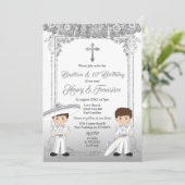 Mexikanischer Silberner Twin Boy Taufe und Geburts Einladung (Stehend Vorderseite)