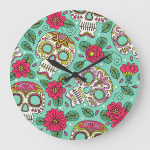 Mexikanischer Totenkopf und Blumen, nahtlos. Große Wanduhr