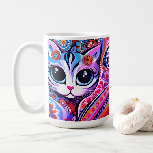 Mexikanischer Volkskunst Abstrakt Kitty Cat Talave Kaffeetasse (Mit Donut)
