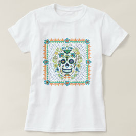 Mexikanischer Zuckerschädel mit Aqua-Blume T-Shirt