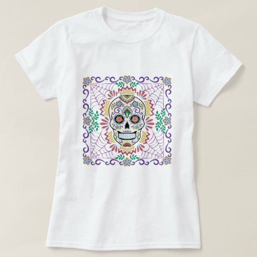 Mexikanischer Zuckerschädel mit Blüten T-Shirt (Design vorne)