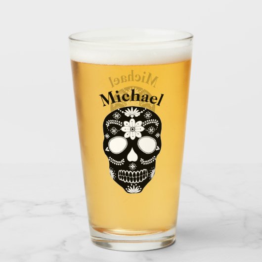 mexikanischer Zuckerschädel schwarz und weiß mit N Glas (Vorne (Gefüllt))