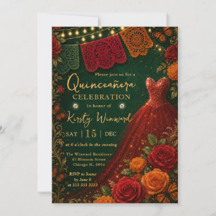 Mexikanisches Fiesta-Blumen-Rotes Kleid Quinceaner Einladung