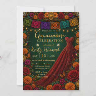 Mexikanisches Fiesta-Blumen-Rotes Kleid Quinceaner Einladung