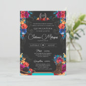 Mexikanisches Fiesta Floral Charro Foto Quinceaner Einladung (Stehend Vorderseite)