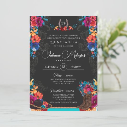Mexikanisches Fiesta Floral Charro Foto Quinceaner Einladung (Stehend Vorderseite)