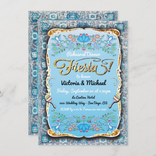 Mexikanisches Fiesta Gold Glitzer Probe Dinner Einladung (Vorne/Hinten)